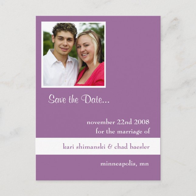 Save the date purple! announcement postcard (Front)