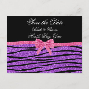 Save the date purple glitter zebra stripes bow announcement postcard