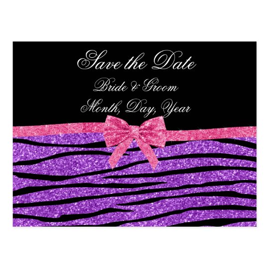 Save the date purple glitter zebra stripes bow postcard