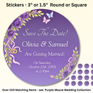 Save The Date -Purple Mauve Flowers & White Classic Round Sticker