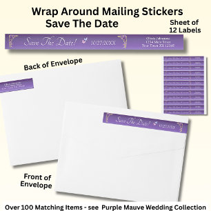 Save The Date, Purple Mauve Flowers & White Wrap Around Label