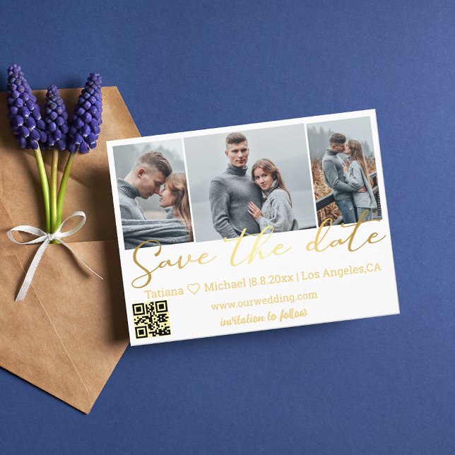 save the date qr code 3 photo collage wedding gold announcement postcard (Creator Uploaded)