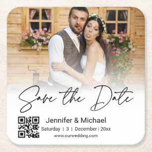 save the date qr code couple photo stylish square paper coaster