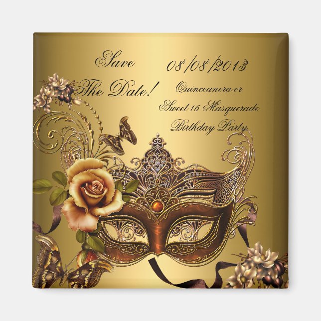 Save The Date Quinceanera Sweet 16 Masquerade Gold Magnet (Front)