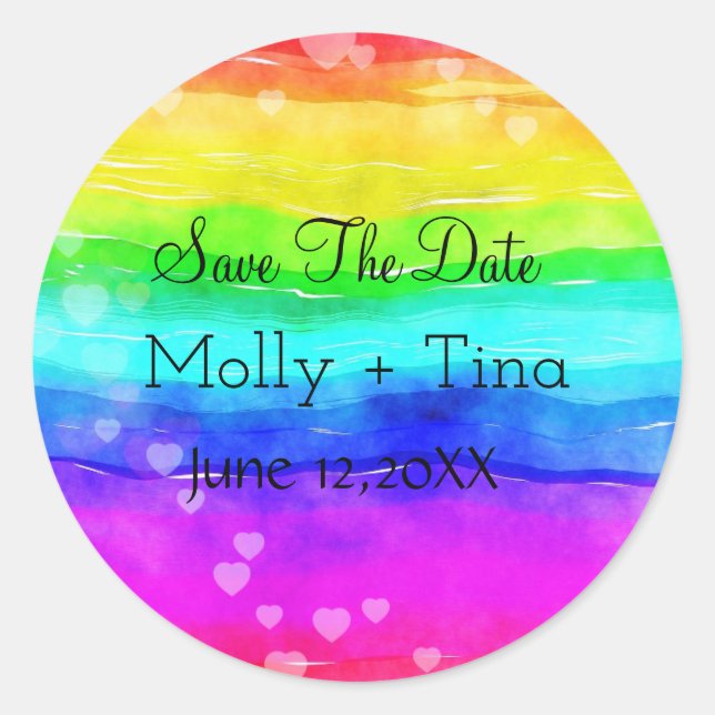 Save the Date Rainbow Classic Round Sticker (Front)