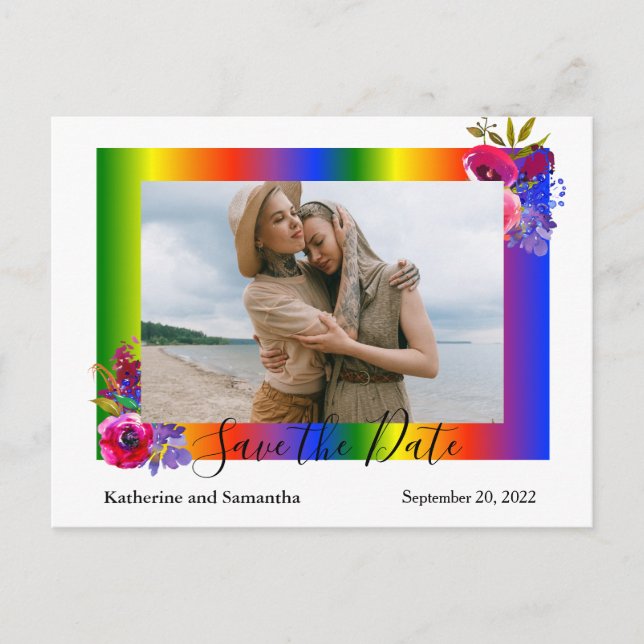 Save the Date Rainbow Gay floral  Announcement Postcard (Front)