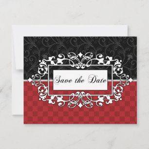Save the Date Red and Black Elegant Scroll Custom Invitation
