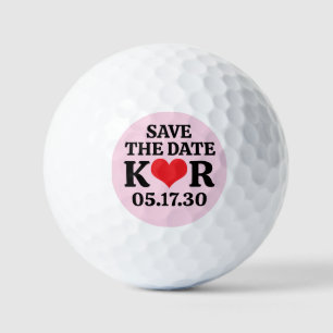SAVE THE DATE Red Heart MONOGRAM Pink Background Golf Balls