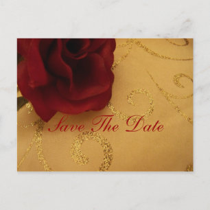 Save The Date Red Rose Gold swirl Postcard