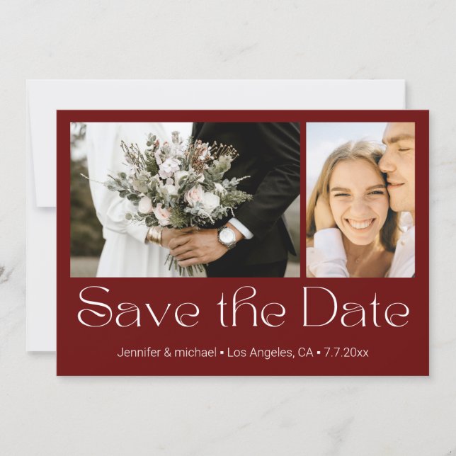 save the date red white 2 photos collage wedding  card (Front)