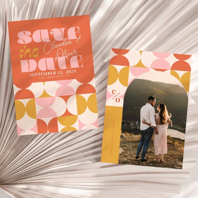 Save the Date, Retro, arch photo, 70's pink Date (Front and back of Warm retro Wedding Save the Date Card shown on a boho foliage background)