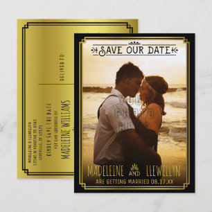 Save the Date Retro Black Gold Deco Wedding Photo Announcement Postcard