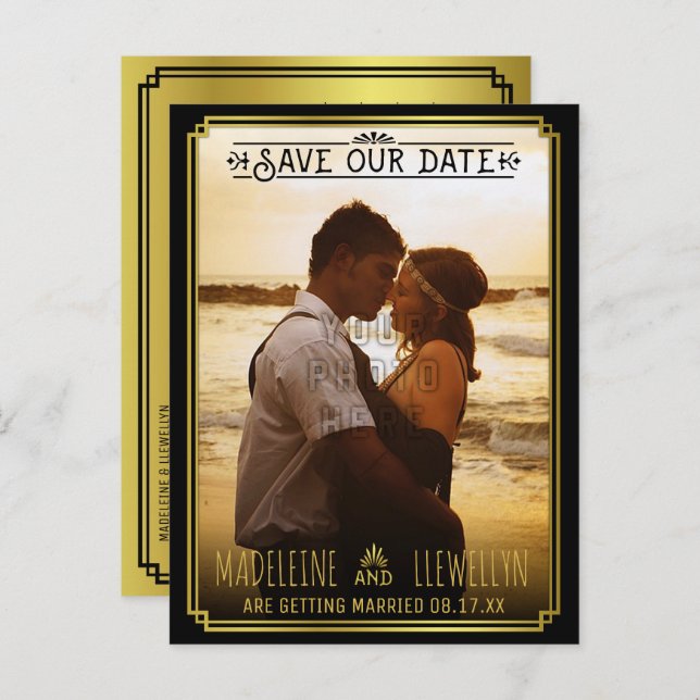 Save the Date Retro Black Gold Deco Wedding Photo Announcement Postcard (Front/Back)