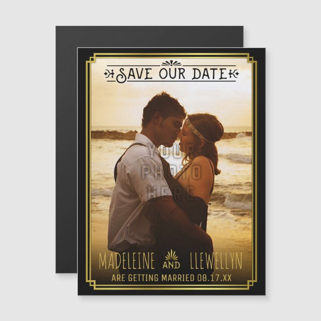 Save the Date Retro Black Gold Deco Wedding Photo Magnetic Invitation (Front/Back)