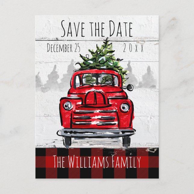 Save The Date Retro Red Truck and Tree Postcard (Front)