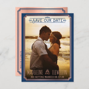 Save the Date Retro Rose Gold Deco Wedding Photo Announcement Postcard