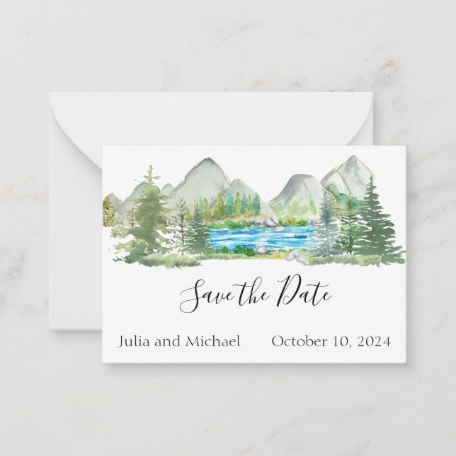 Save the Date River Forest Mountain Watercolor Card (Front)
