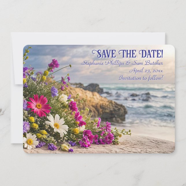 Save the Date Romantic Beautiful Flowers on Beach  Invitation (Front)