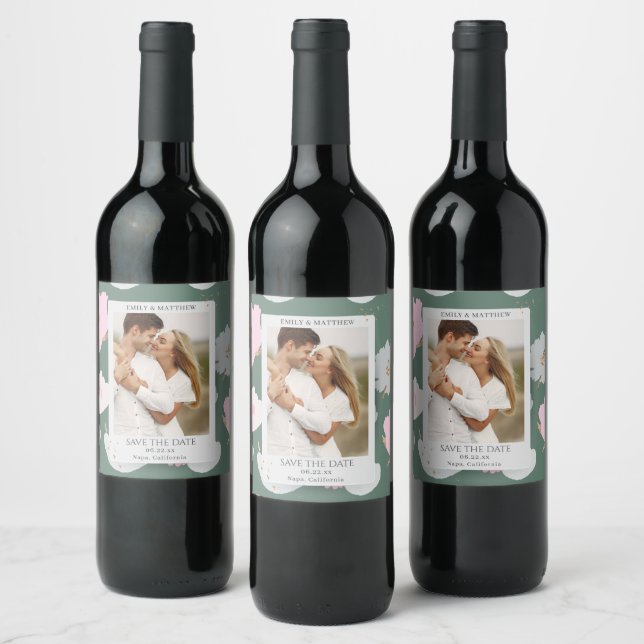 Save The Date Romantic Couple Glitter Floral Photo Wine Label (Bottles)