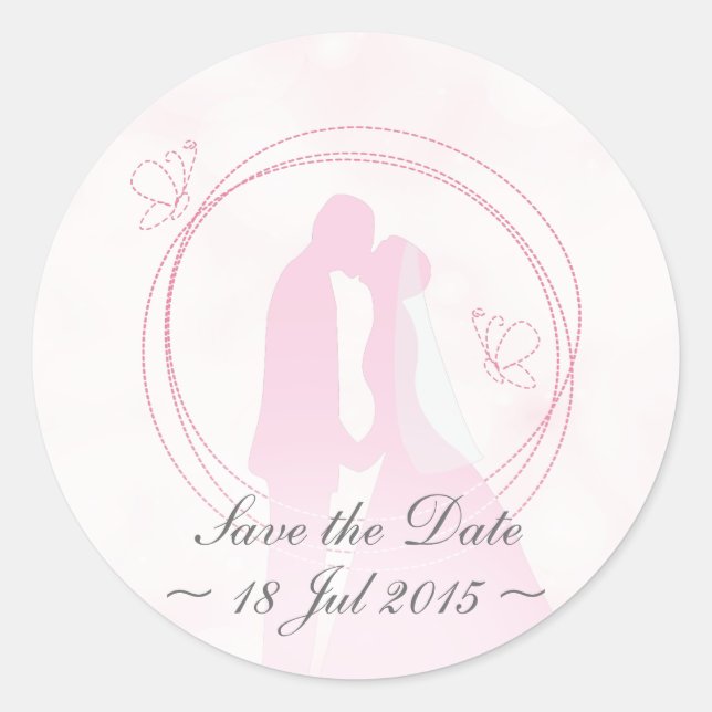 "Save the Date" Romantic Dreamy Wedding Couple Classic Round Sticker (Front)