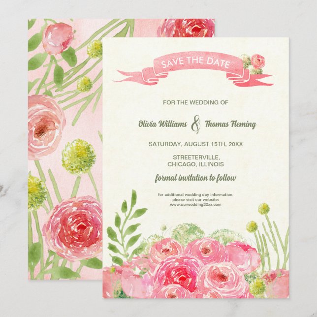 Save the Date. Romantic Watercolor Roses Wedding  Invitation (Front/Back)