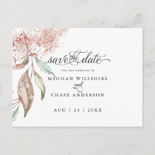 SAVE THE DATE   Rose Coral Watercolor Foliage Postcard