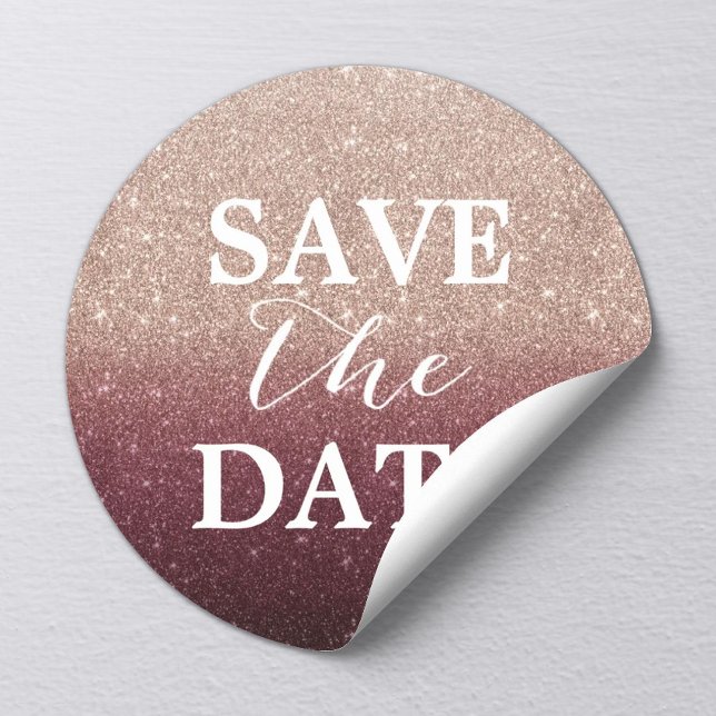 Save the Date Rose Gold Burgundy Glitter Wedding Classic Round Sticker (Creator Uploaded)