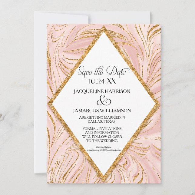 Save the Date Rose Gold Faux Glitter Marble Blush (Front)