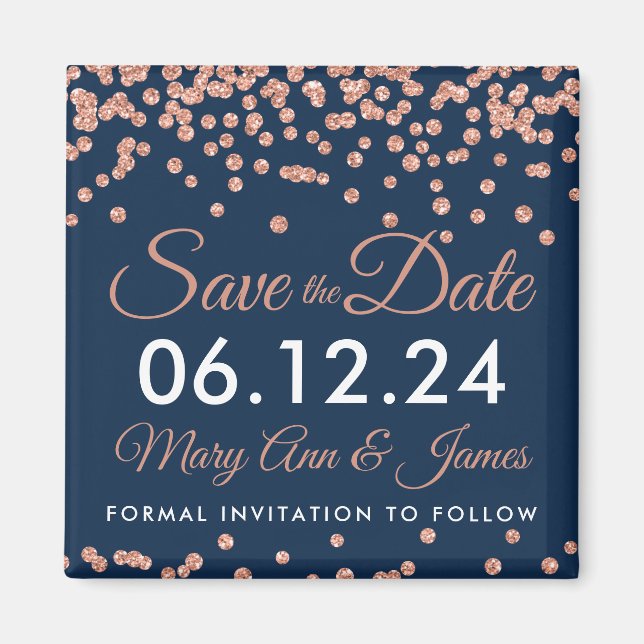 Save The Date Rose Gold Glitter Confetti Navy Blue Magnet (Front)