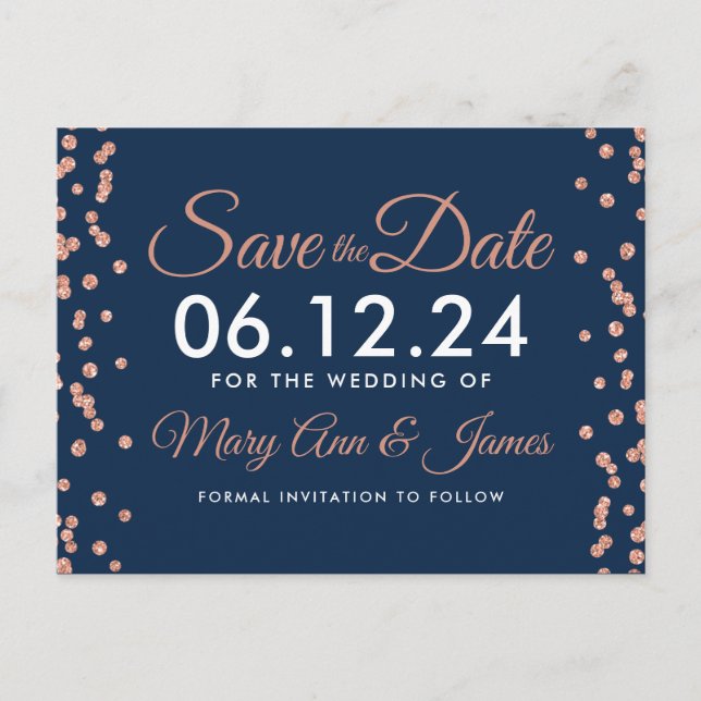 Save The Date Rose Gold Glitter Confetti Navy Blue Postcard (Front)