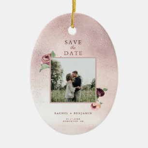 Save the Date Rose Gold Glitter Floral Pink Photo Ceramic Tree Decoration
