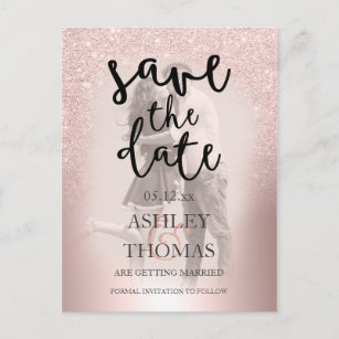 Save the Date Rose gold glitter ombre foil photo Announcement Postcard