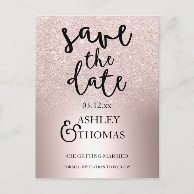 Save the Date Rose gold glitter ombre metallic Announcement Postcard (Front)