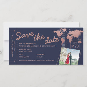 Save the date rose gold world map boarding pass