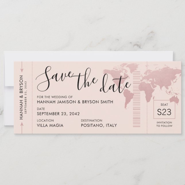 Save the Date Rose Gold World Map Boarding Pass Announcement (Front)