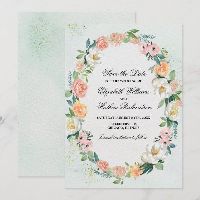 Save the Date. Rose Wreath Wedding  Invitation (Front/Back)