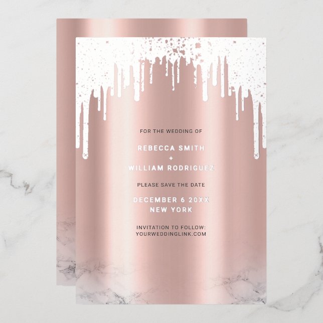 Save The Date Rosegold Glitter Drips Silver Foil Holiday Card (Front/Back)
