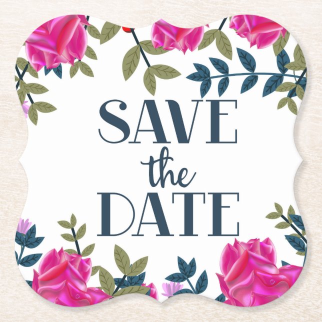 Save The Date Roses and Petals. Paper Coaster (Front)
