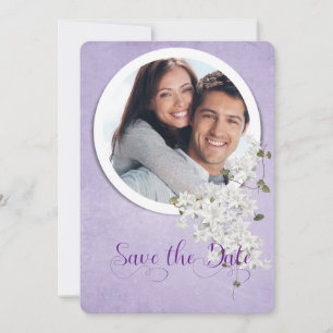 save the date-round frame on purple date