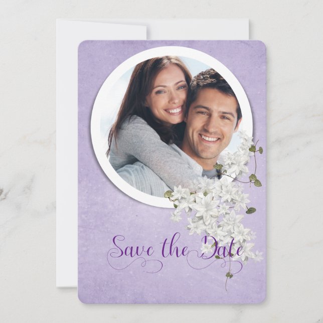 save the date-round frame on purple save the date (Front)