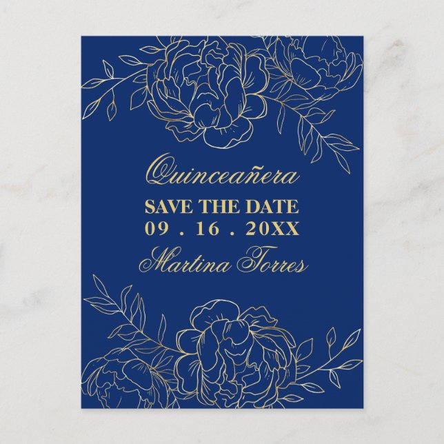 Save the Date Royal Blue and Gold Fine Art Floral Announcement Postcard (Front)