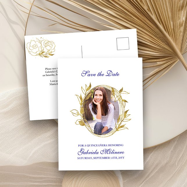 Save the Date Royal Blue and Gold Leaf Frame Photo Announcement Postcard (Save the Date Postcard from my Elegant Gold Flowers Quinceanera Collection)
