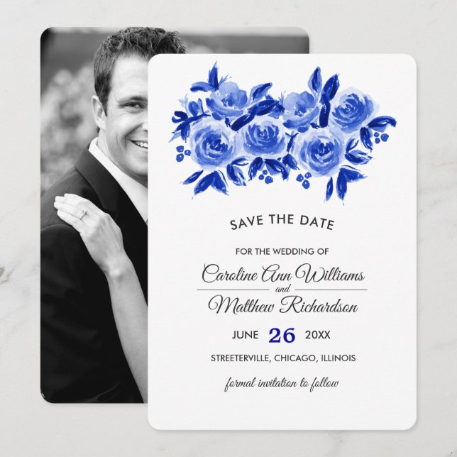 Save the Date Royal Blue Floral Photo Card (Front/Back)