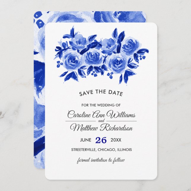 Save the Date. Royal Blue Floral Wedding Cards (Front/Back)