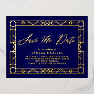 Save The Date Royal Blue Gold Decorative Frame Foil Invitation Postcard