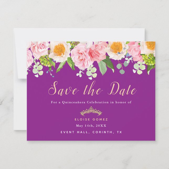 Save the Date Royal Purple Floral Quinceanera Card (Front)