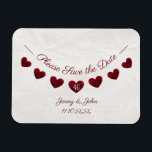 Save the date ruby 40th wedding anniversary magnet<br><div class="desc">A beautiful and romantic save the date magnet for a 40th ruby wedding anniversary.  
The design has a string of rose red bunting hearts on a vintage lace background.  
The perfect way for a husband and wife to tell guests about their upcoming party.</div>