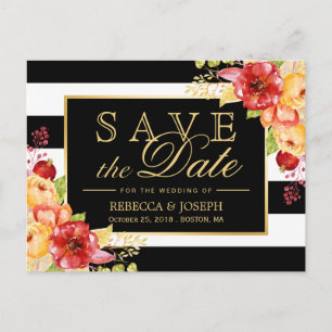 Save the Date - Rustic Autumn Gold Floral Stripes Announcement Postcard