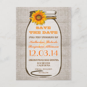 save the date rustic burlap mason jar sunflower announcement postcard