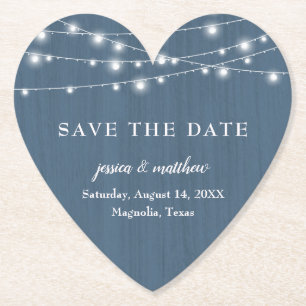 Save the Date Rustic Farmhouse Blue String Lights Paper Coaster